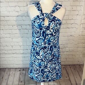 Size 2 Kenzie Blue Patterned Halter Dress in excellent condition. Sleeve…